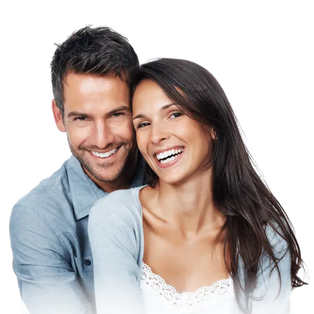 A happy couple smiling and posing for Loveland Dental in Asheboro, NC with white teeth.