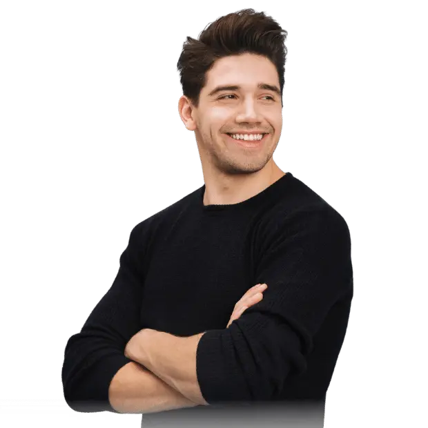 A single male smiling and posing for Loveland Dental in Asheboro, NC with white teeth.